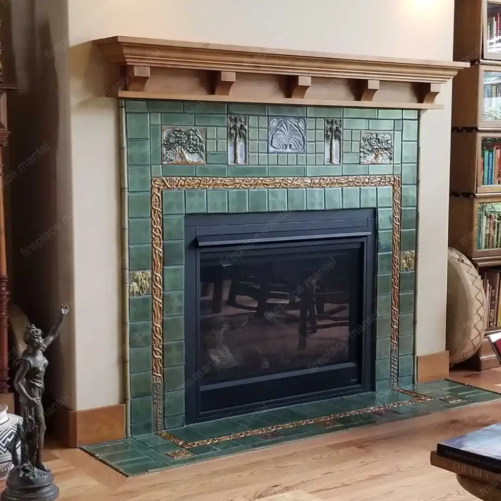 a traditional fireplace mantel with wood and tile