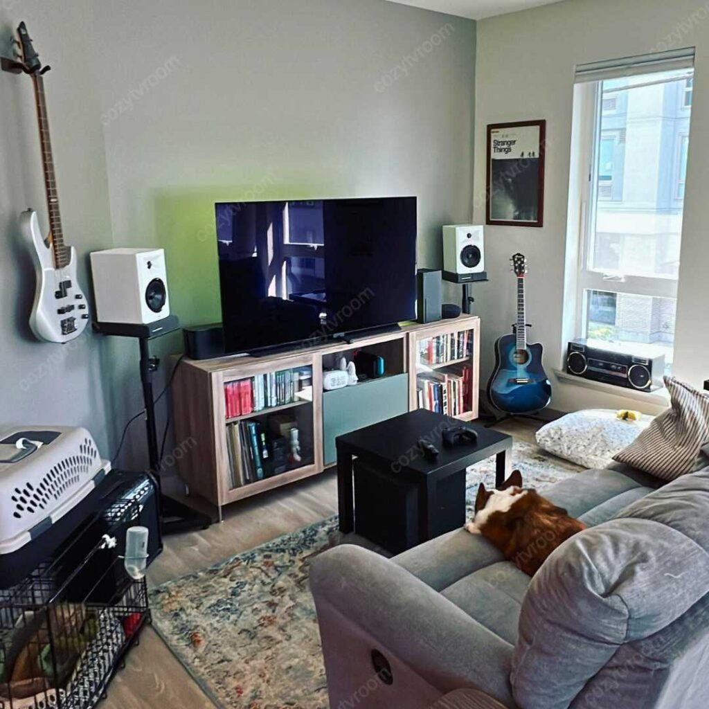 a tv room setup with speaker