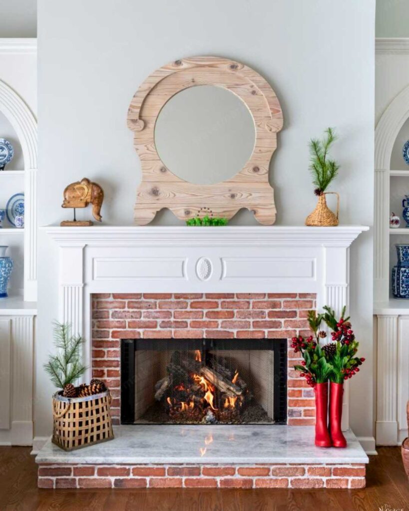 Exposed Brick Fireplace with Wooden Mantel