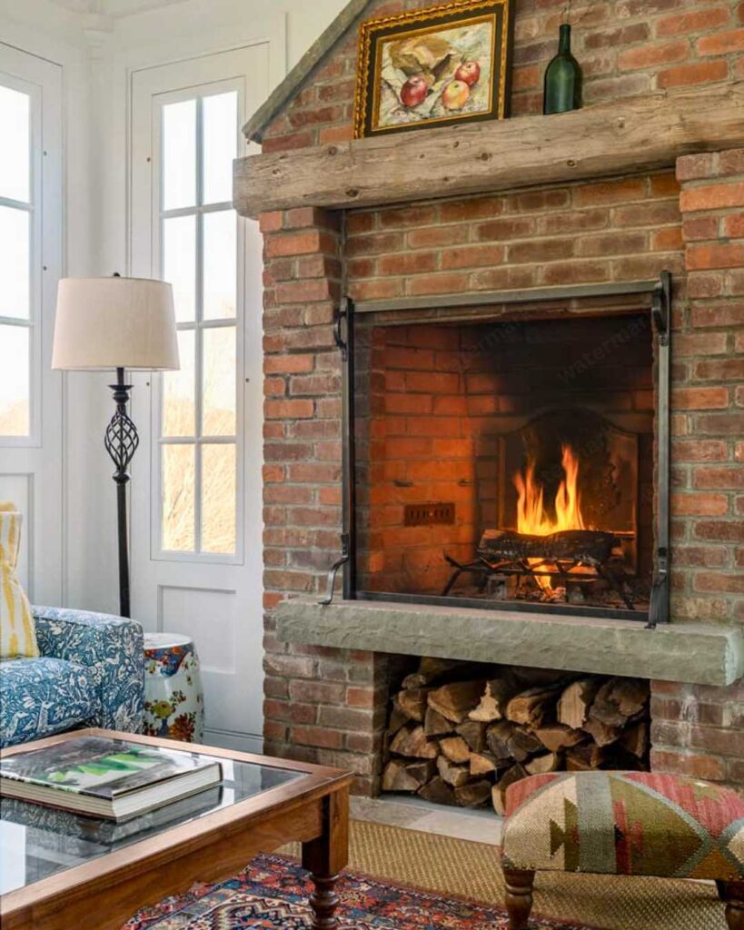 Raised Brick Fireplace with Wood Storage