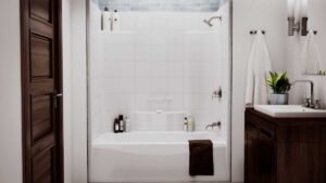 a bedroom with shower tub combination