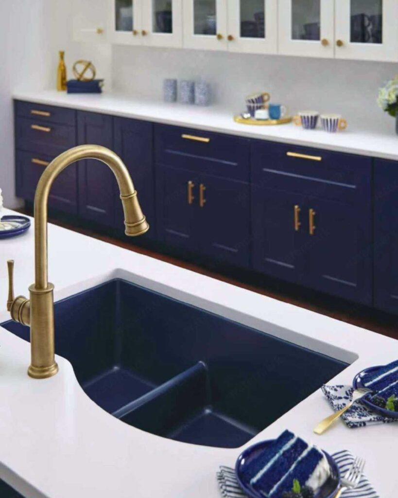 a blue double quartz composite kitchen sink