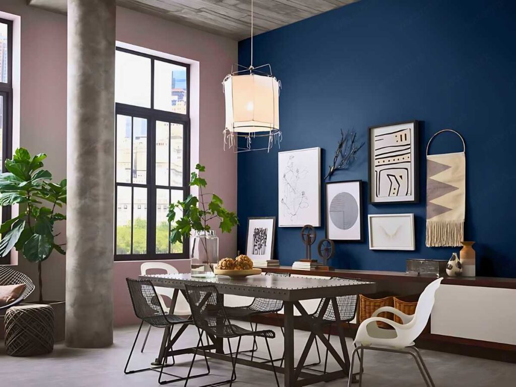 a dining room with navy blue accent walls