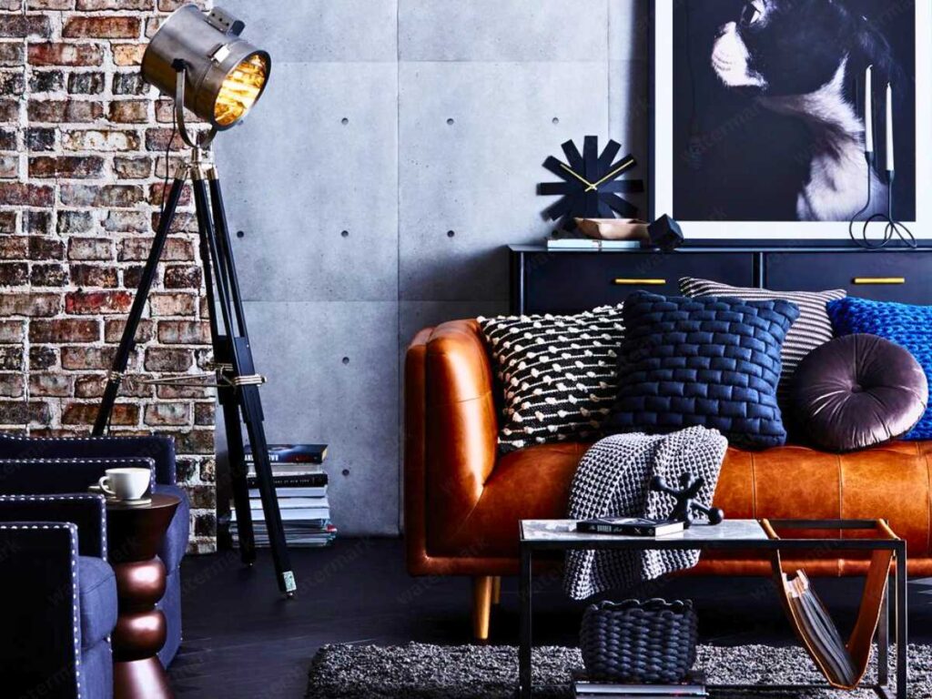 a living room with industrial furnitures