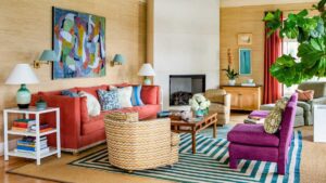 a living room with rugs layering