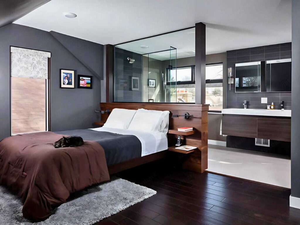 a masculine bedroom with wood bedframe