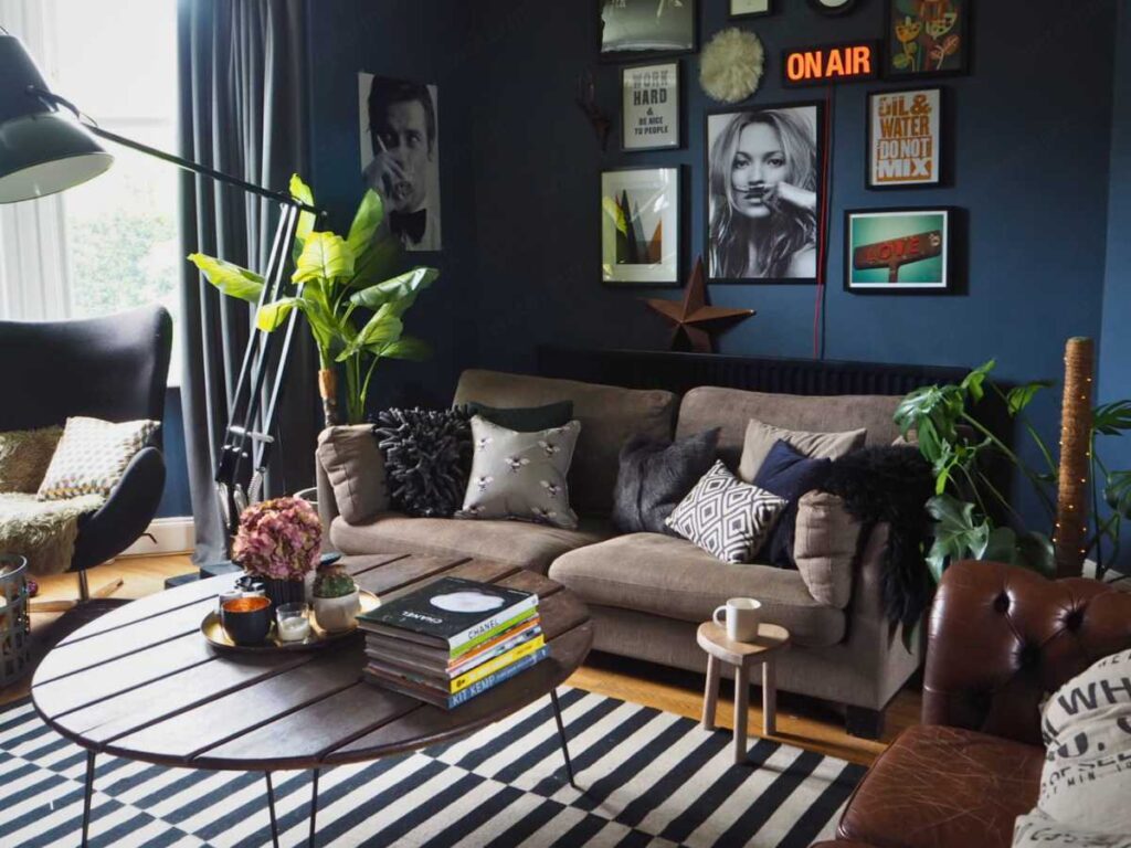 a masculine living room with rugs