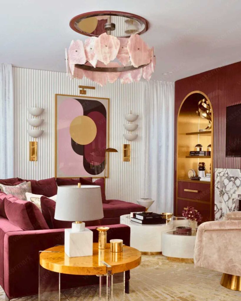 art deco living room idea ruby red color