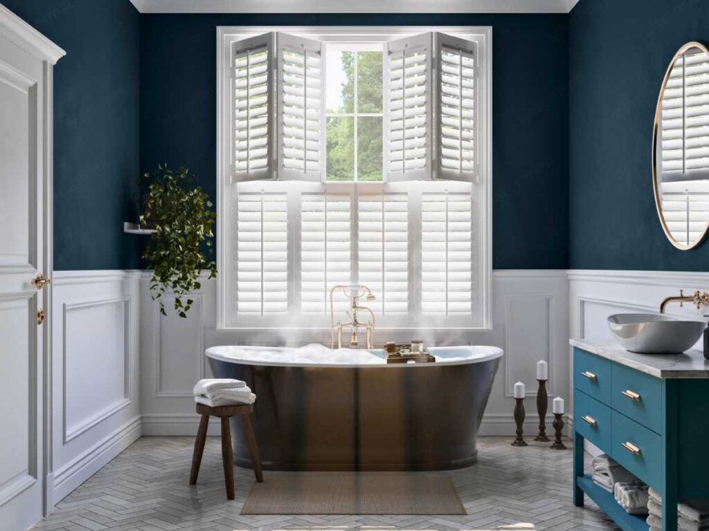 bathroom with window shutters