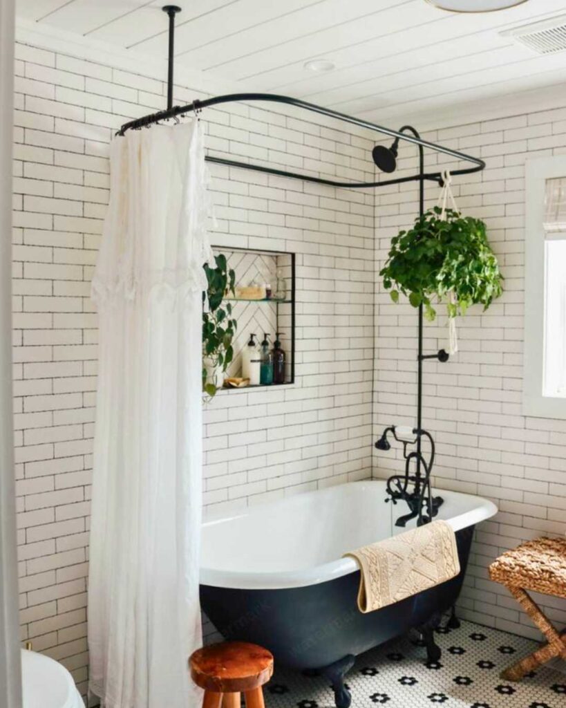 clawfoot shower tub combo with hanging curtain