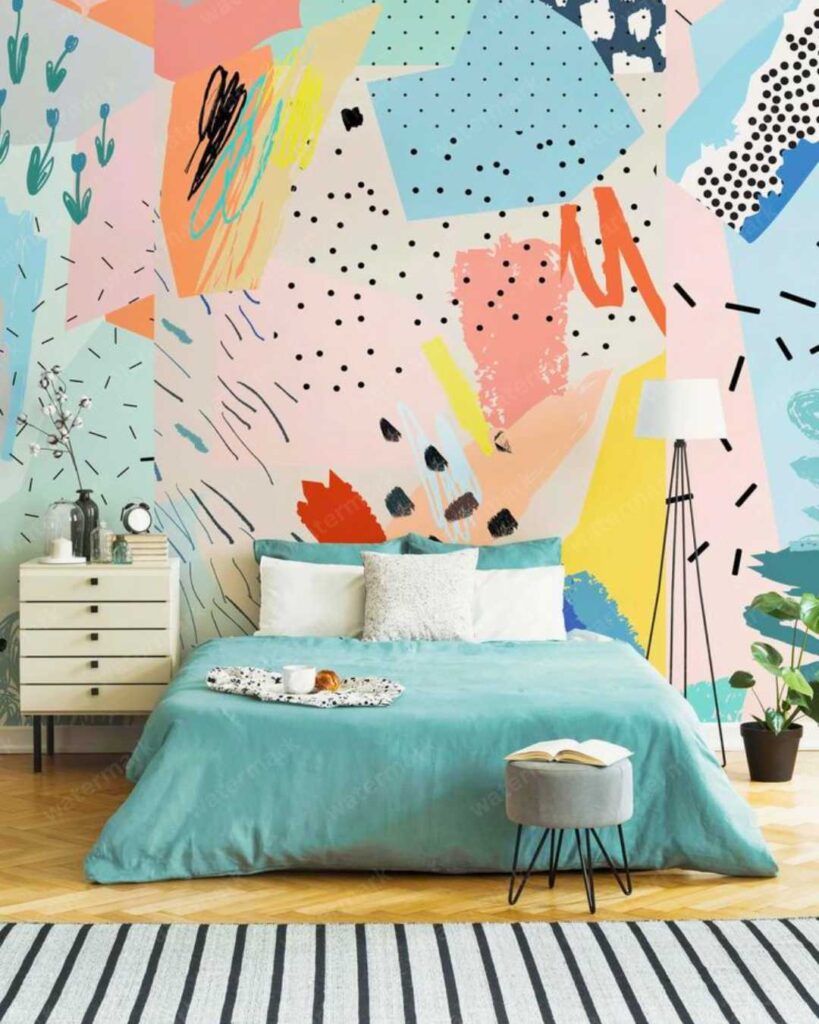 colorful bedroom with bold wallpaper