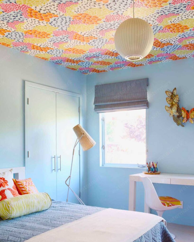 colorful bedroom with patterned ceiling