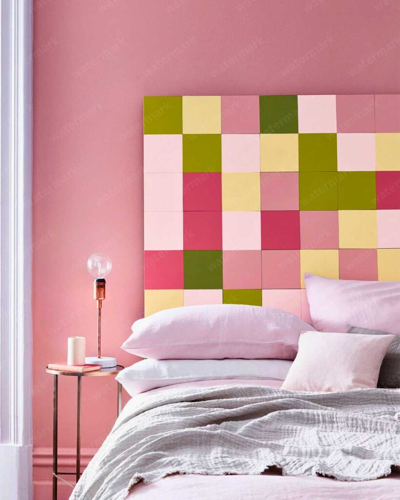 colorful bedroom with standout headboard