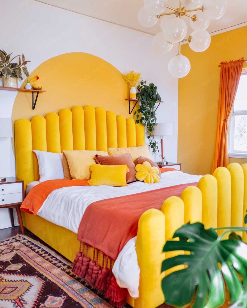 colorful bedroom with standout bed frame