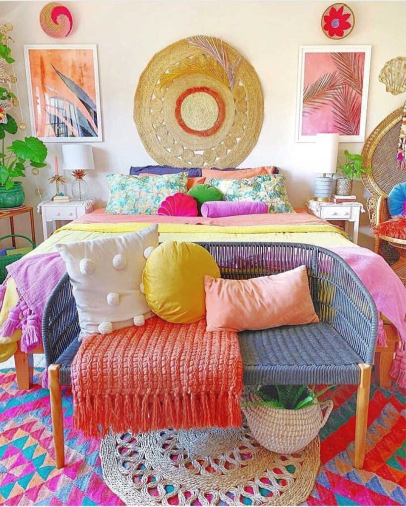 colorful bedroom with vibrant throw pillows