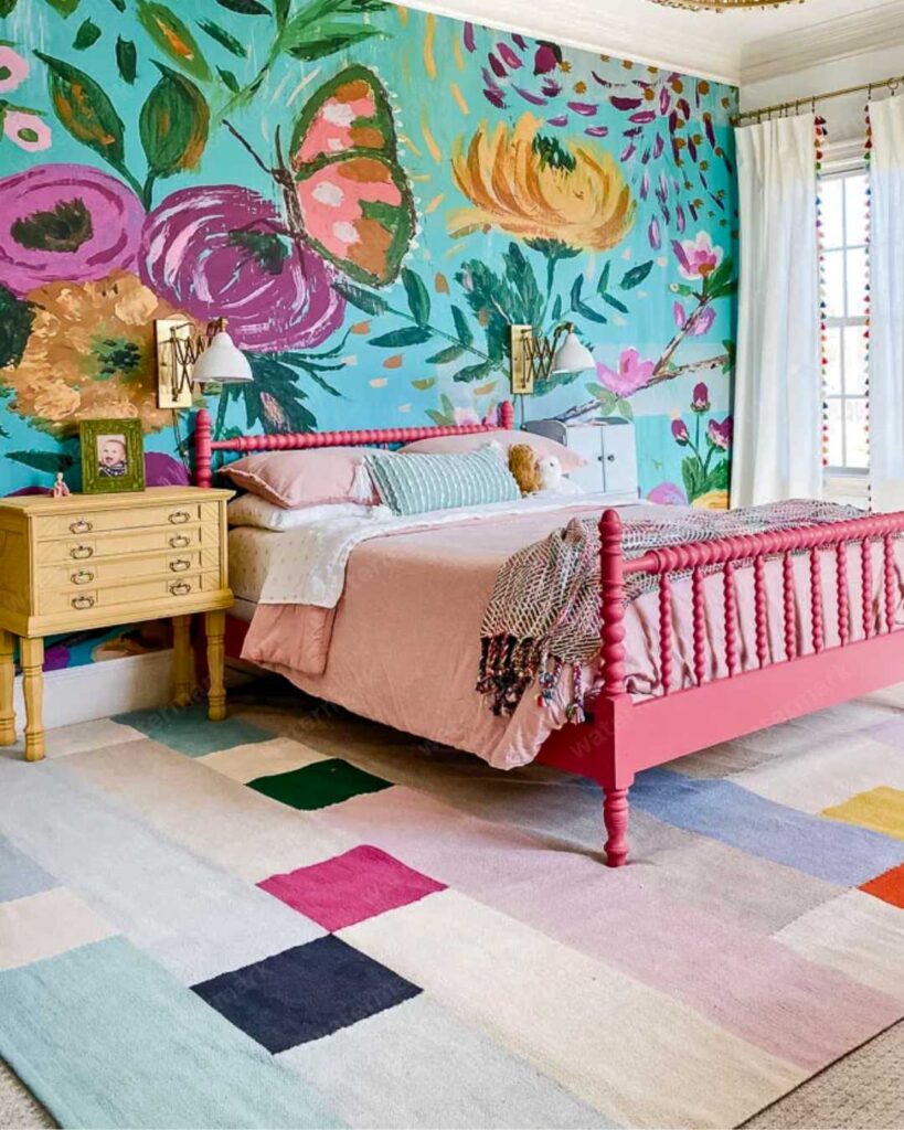 colorful bedroom with patterned rug