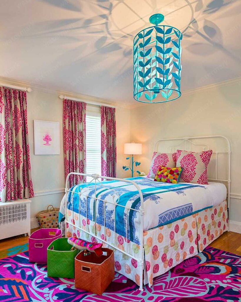 colorful bedroom with whimsical pendant light