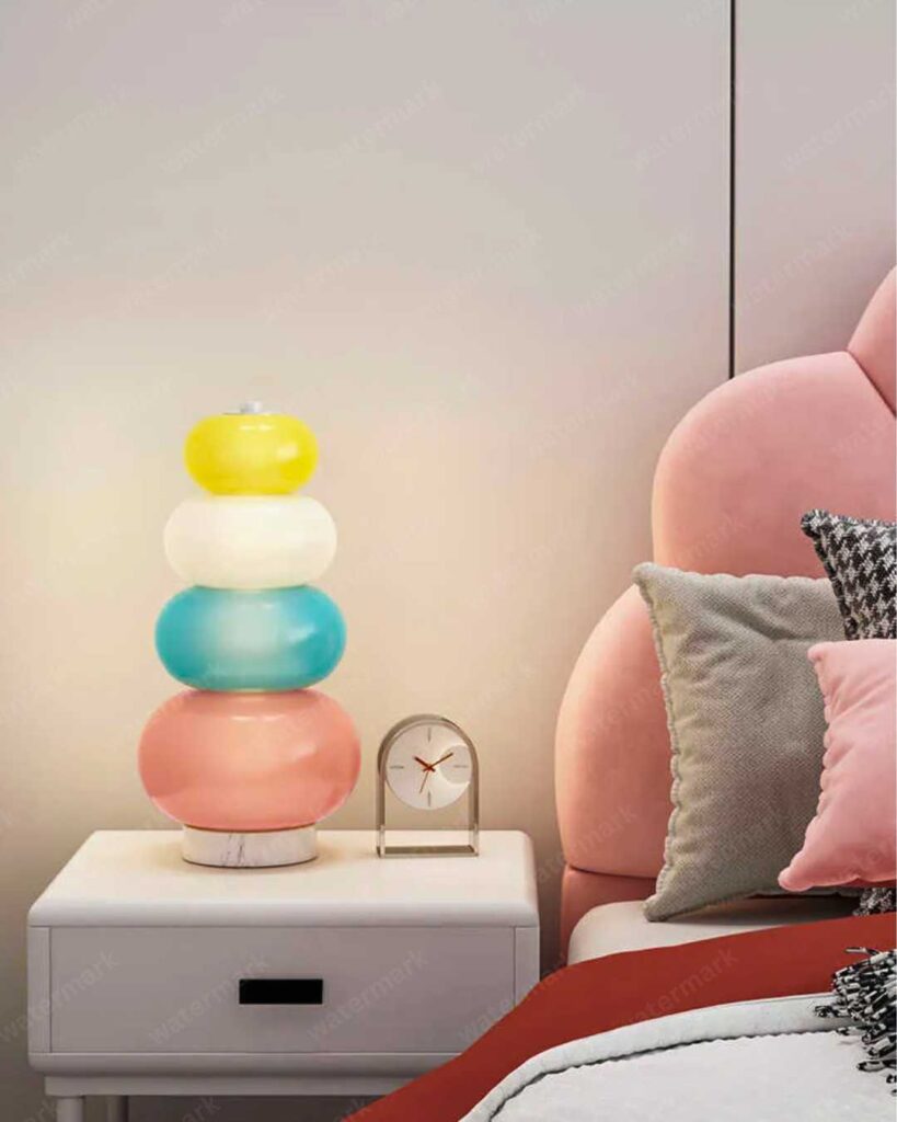 colorful bedroom with macaron bedside lamp