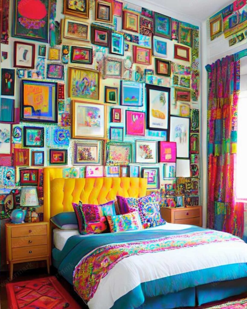 colorful bedroom with wall art