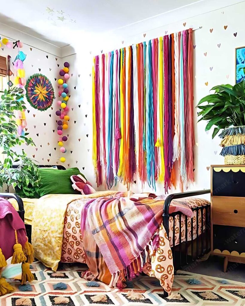 colorful bedroom with hanging threads