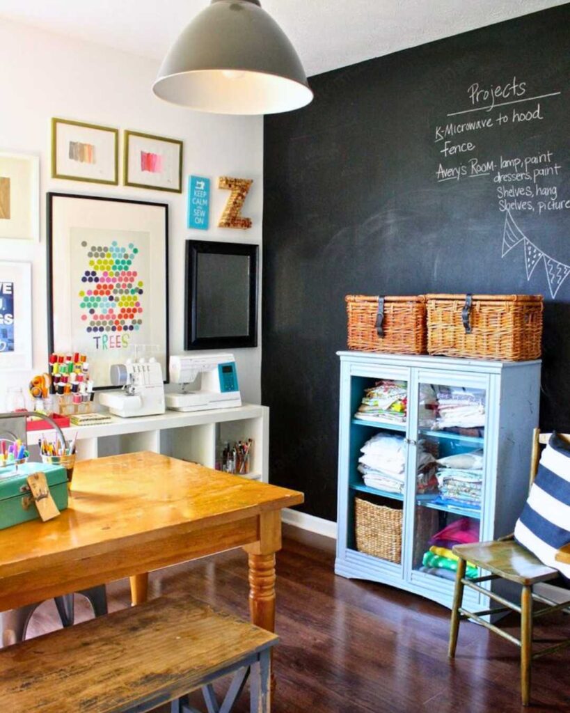 craft room with chalkboard wall