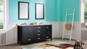 green bathroom with dark vanity