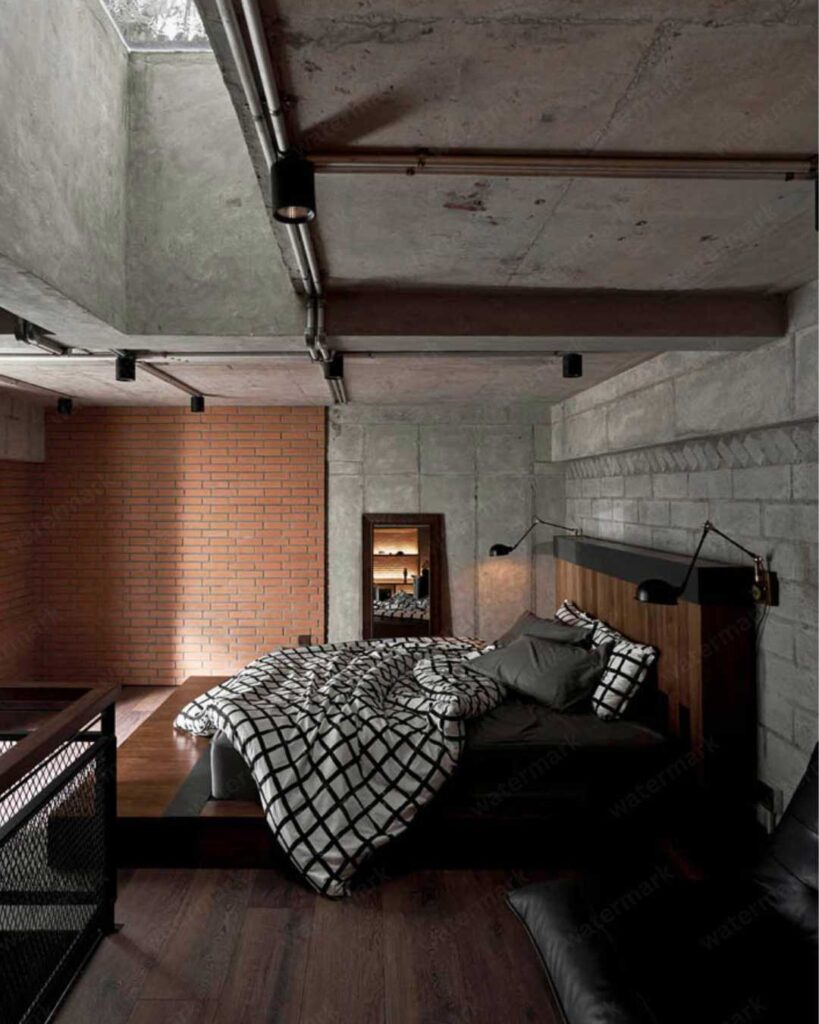 industrial bedroom with concrete accent