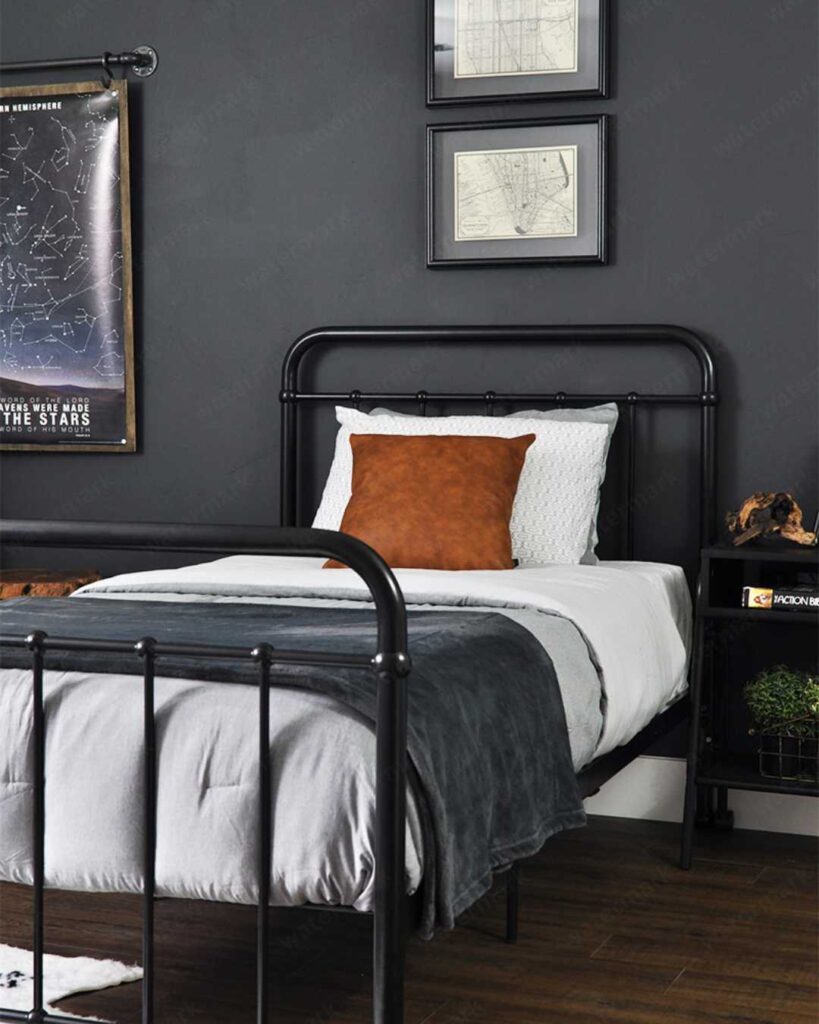 industrial bedroom with metal bed frame