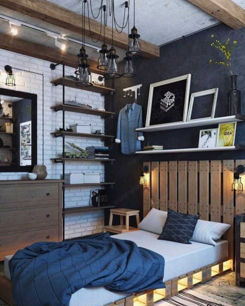 industrial bedroom with open shelving