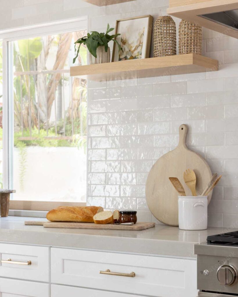 kitchen with textured subway tile