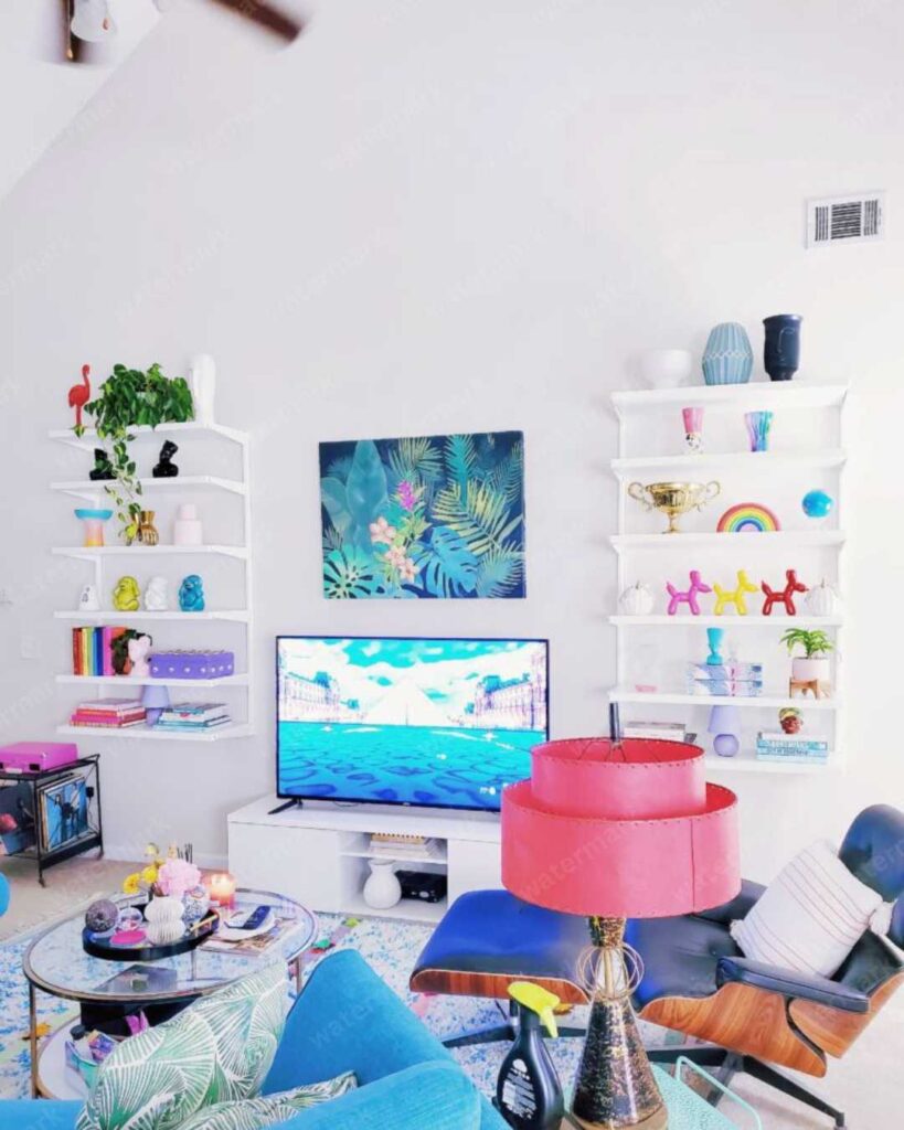 open shelving in a living room