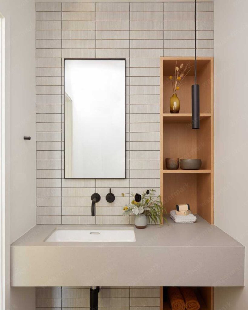 single floating vanity with a shelf on the right side