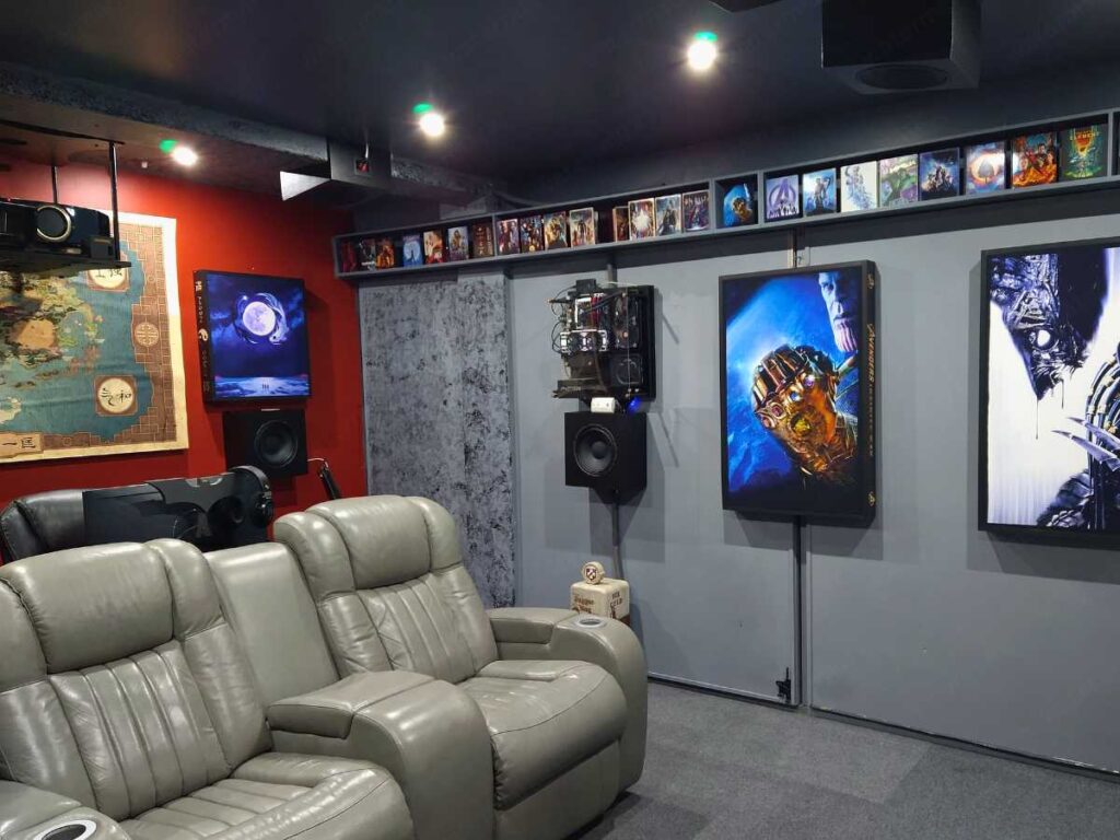 small movie room with poster