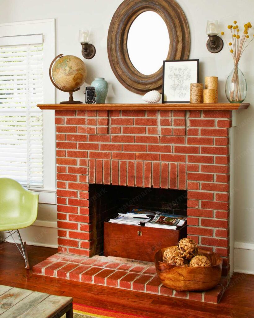 traditional red brick fireplace