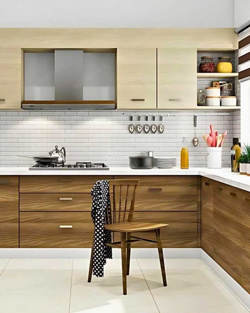 two toned kitchen cabinet design with light and dark brown