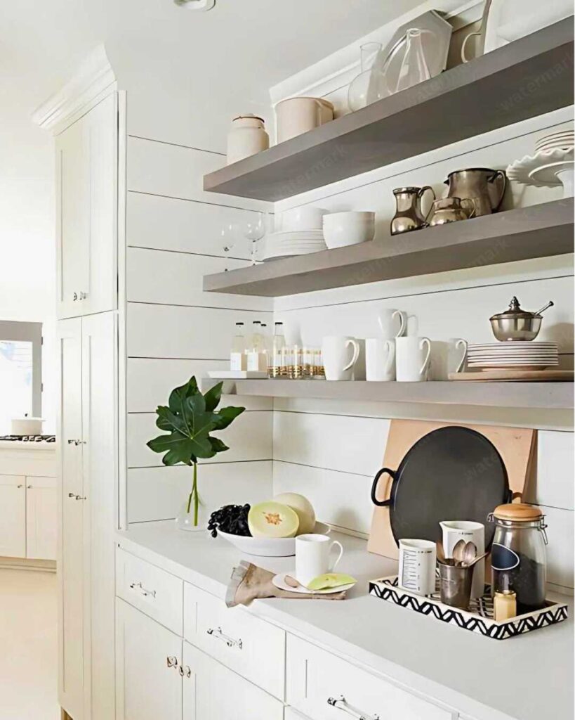 two toned kitchen cabinet design woth open shelves use different color