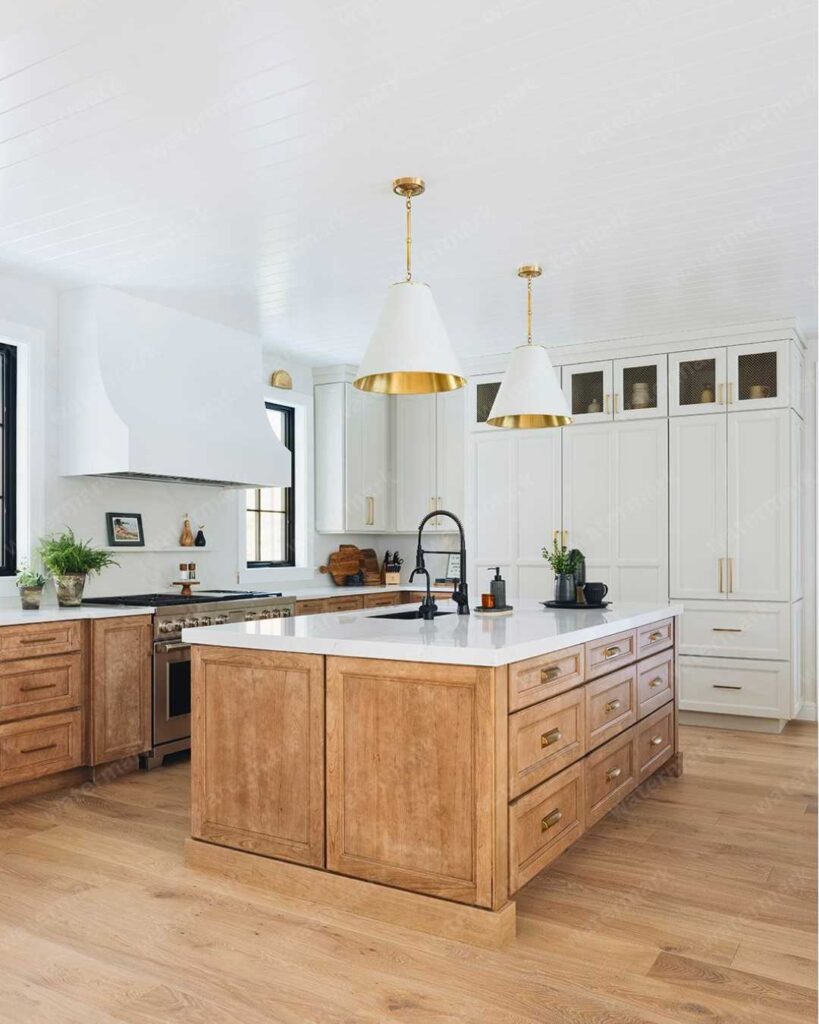 two toned kitchen cabinet design with wood texture and glossy finishes