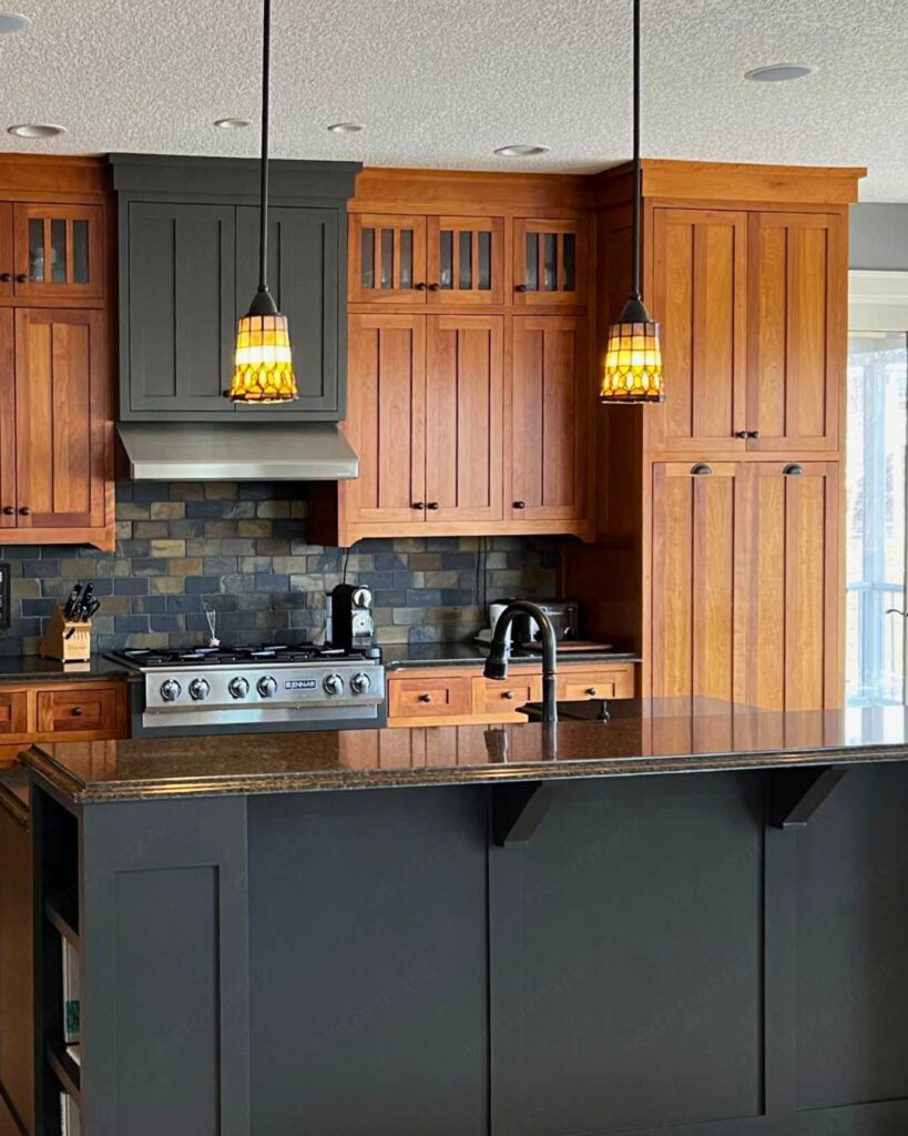 two toned kitchen cabinet design with wood texture and glossy finishes