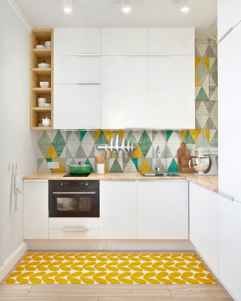 white kitchen with bold backsplash