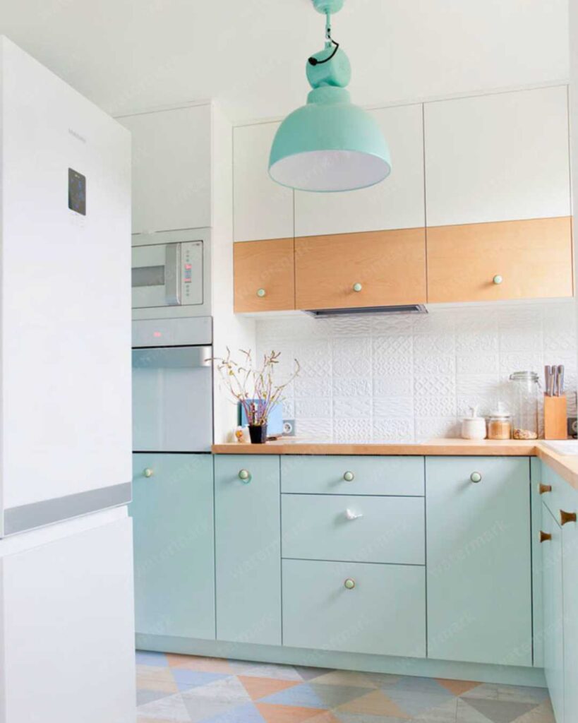 white kitchen with light blue cabinets