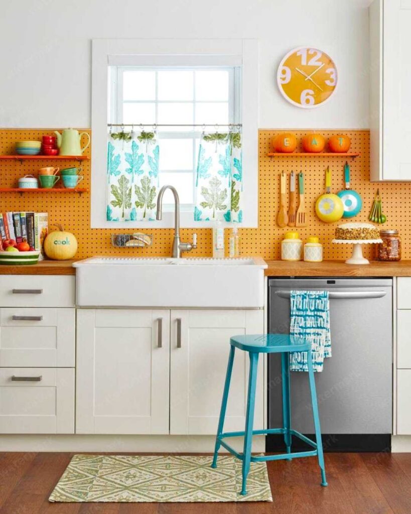 white kitchen with pegboard