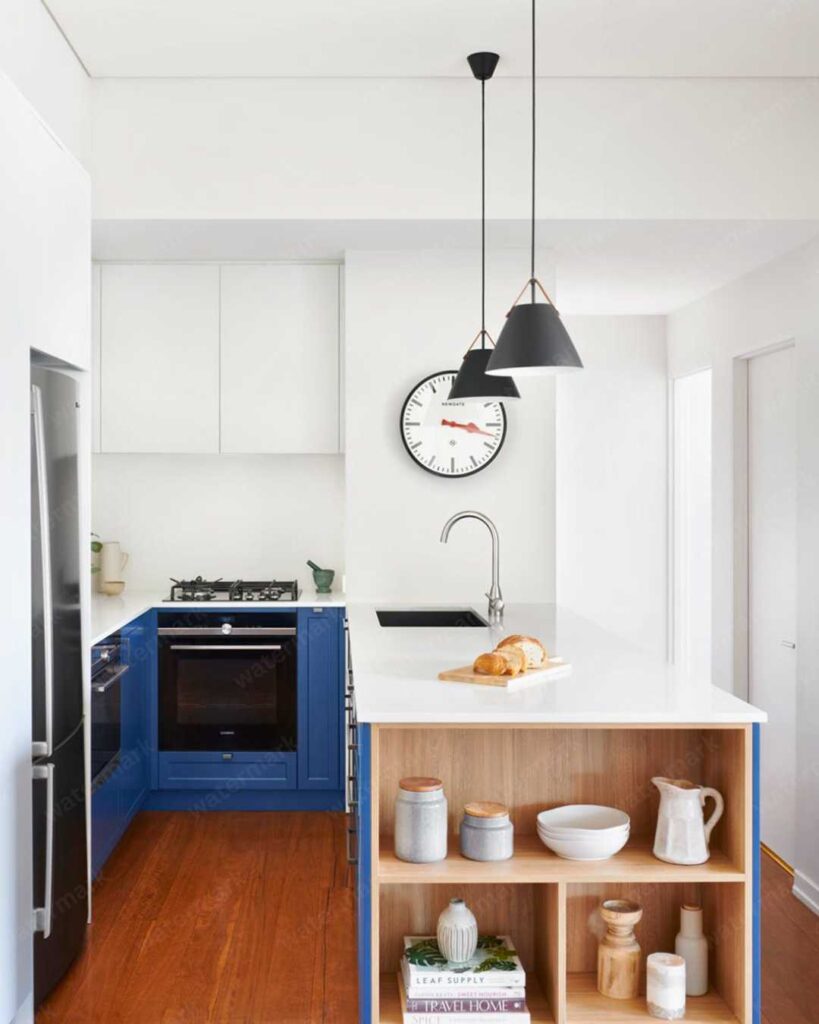 white kitchen with pendant light