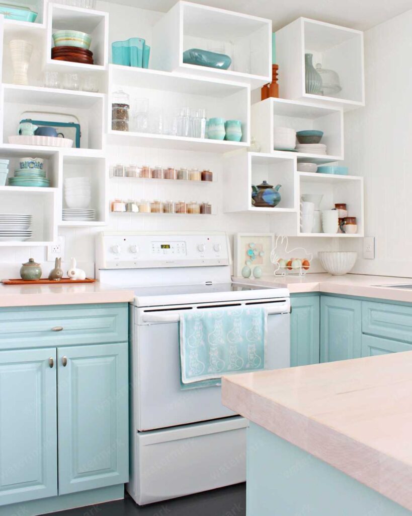 white kitchen with smart shelving