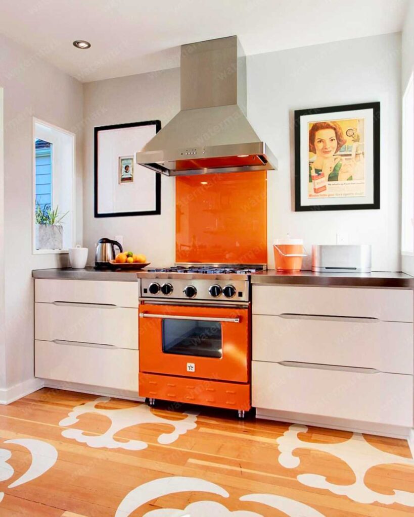 white kitchen with vivid color stove